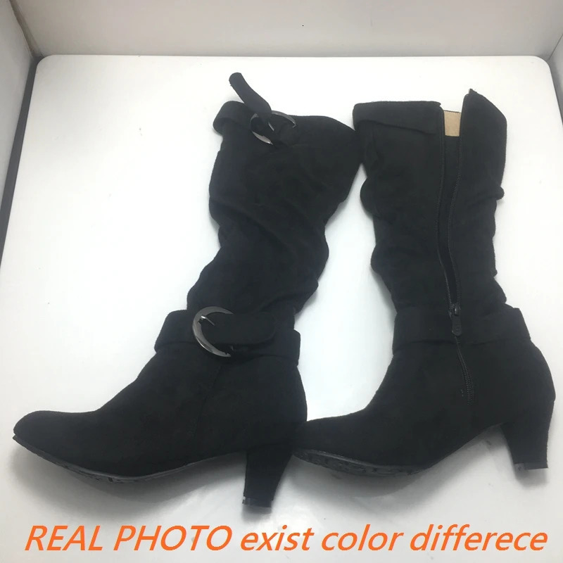 REALE CAT knee high boots autumn artificial suede wide pleated smooth buckle 5cm spike boots size 35-43 gray A4370 241113