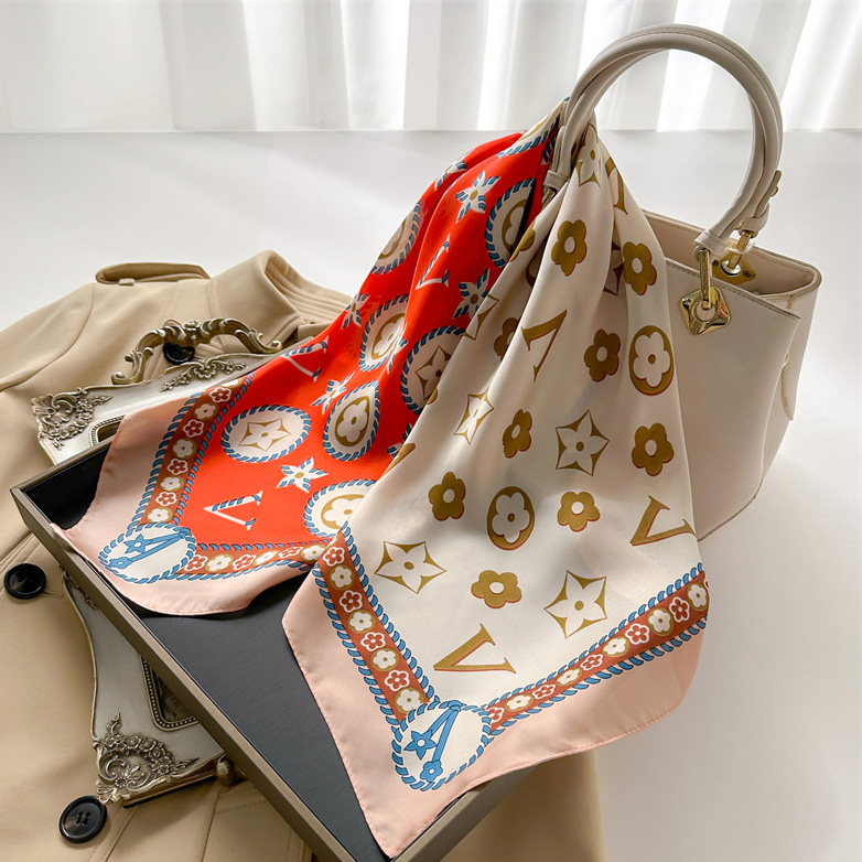 70x70cm Simple Presbyopia imitate Silk Scarf Headband for Women Fashion Black White Flower Long Handle Bag Scarves Paris Shoulder Tote Luggage Ribbon Head Wraps