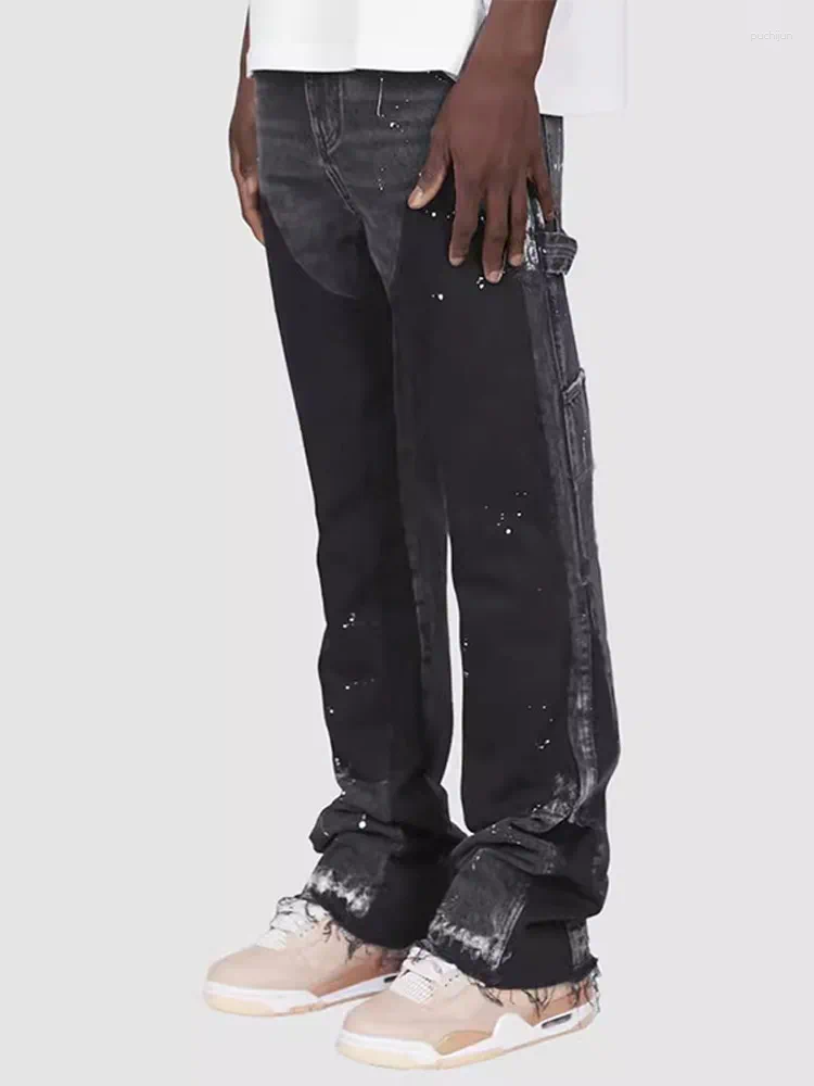 2025 S Fashion Designer Men S Jeans Fashion Cargo American Retro High Waist Tie Dye Patchwork Work Denim Pants Straight Layered Flared Trousers