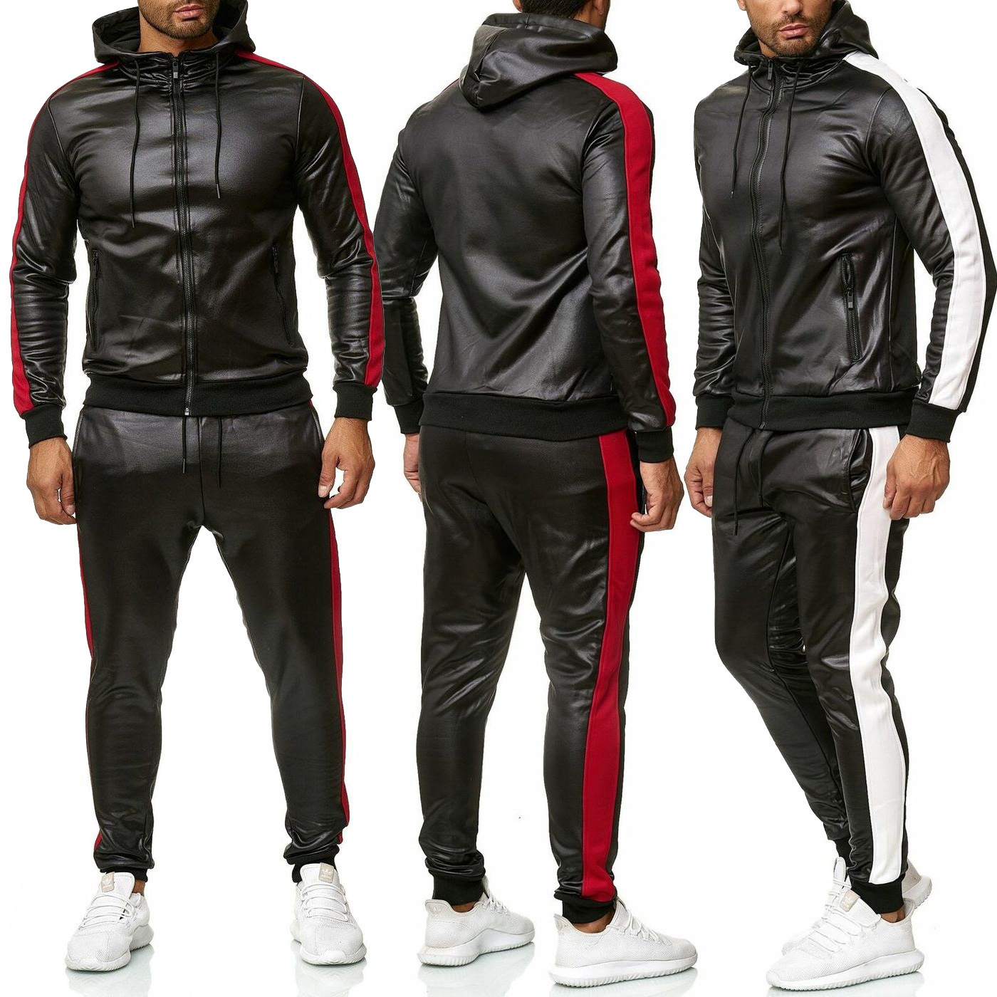 European cross-border autumn and winter men's hooded set with PU leather jacket for sports, slow running, and leisure. Two piece set for foreign 