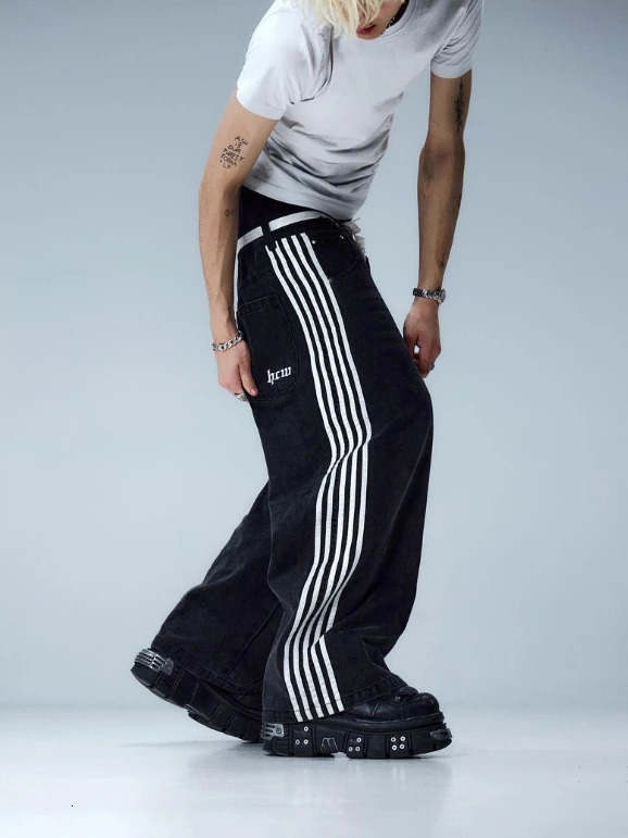 Y2k Baggy Jeans Black Stripes Hip Hop Embroidered Wide Leg for Men and Women High Street Retro Rock Fashion Streetwear 241113