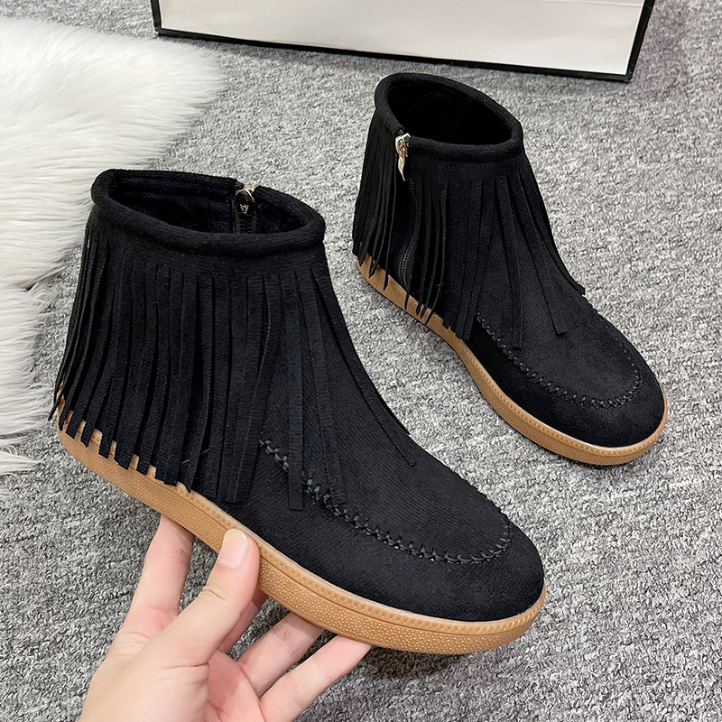 Winter women's new tassel boots, short leg side zipper low heel sponge sole, thick suede women's shoes