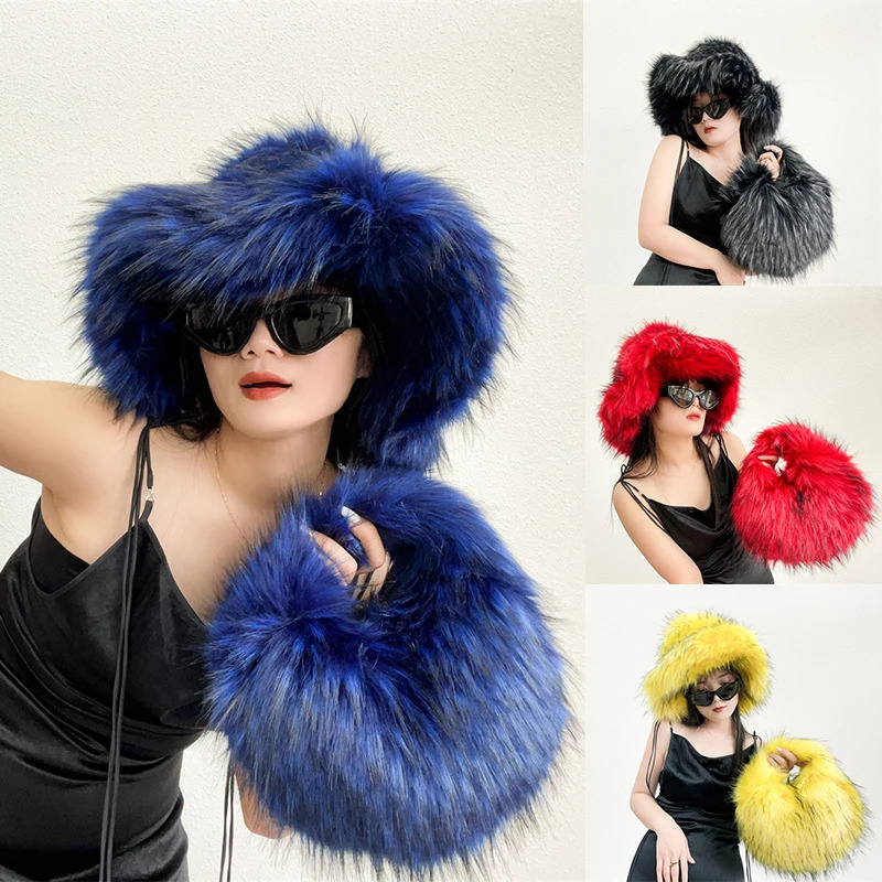 Winter Womens High Fashion Hat Fur Bucket Hat for Girls Fluffy Fisherman Hat With Fur Handbag Set 241113