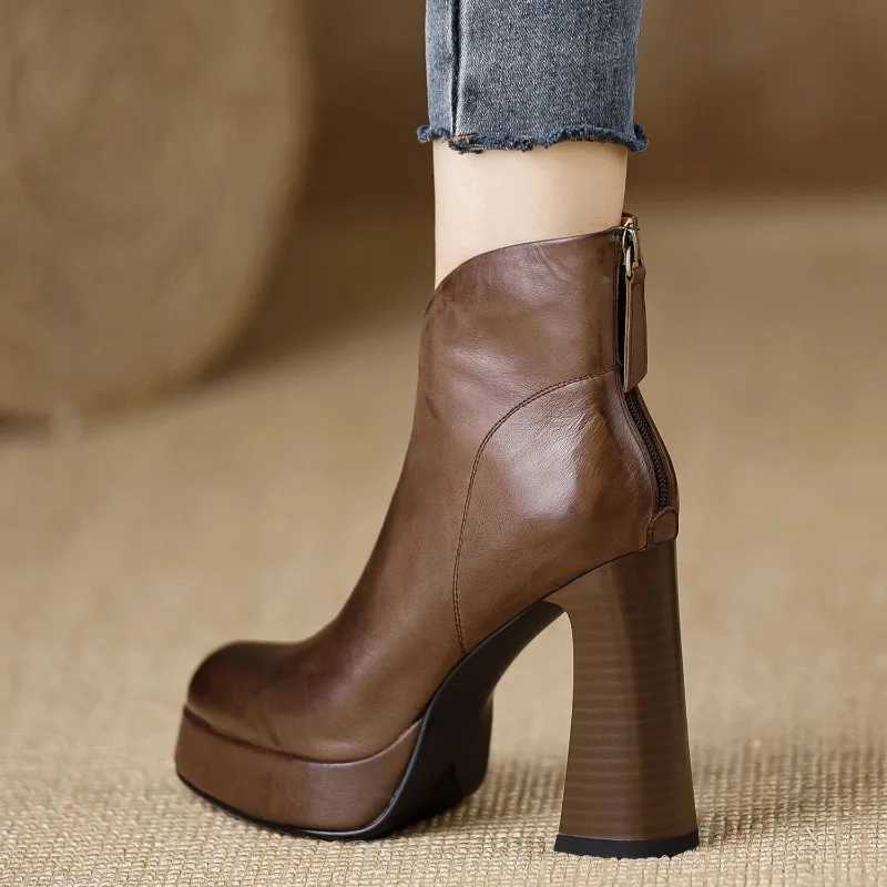 High Quality New Soft Leather Ankle Boots Platform Short Boots Winter Botas Warm Shoes Round Heel Zipper Black Brown T241113