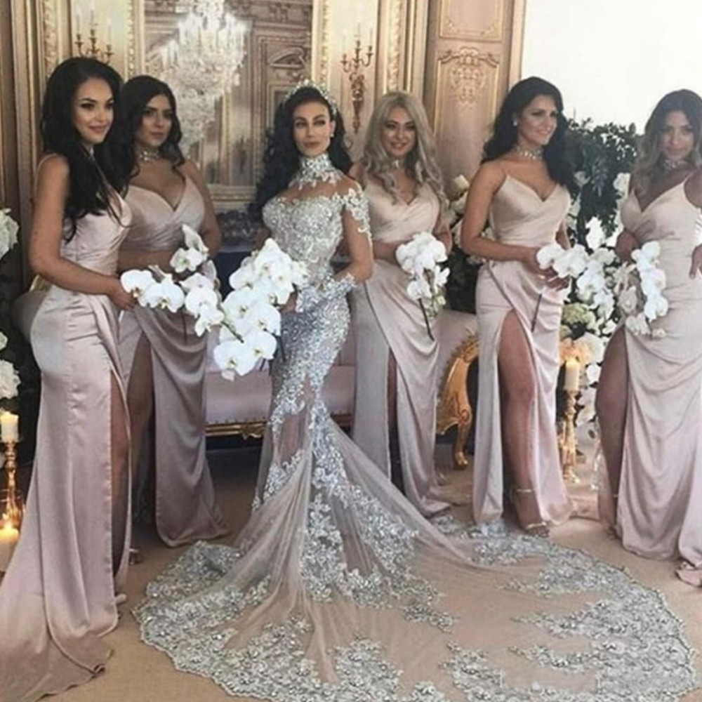 Luxury Wedding Dress White Satin Pearls Beading Mermaid Bridal Gowns with Detachable Train Strapless African Bridal Long Plus Size 02