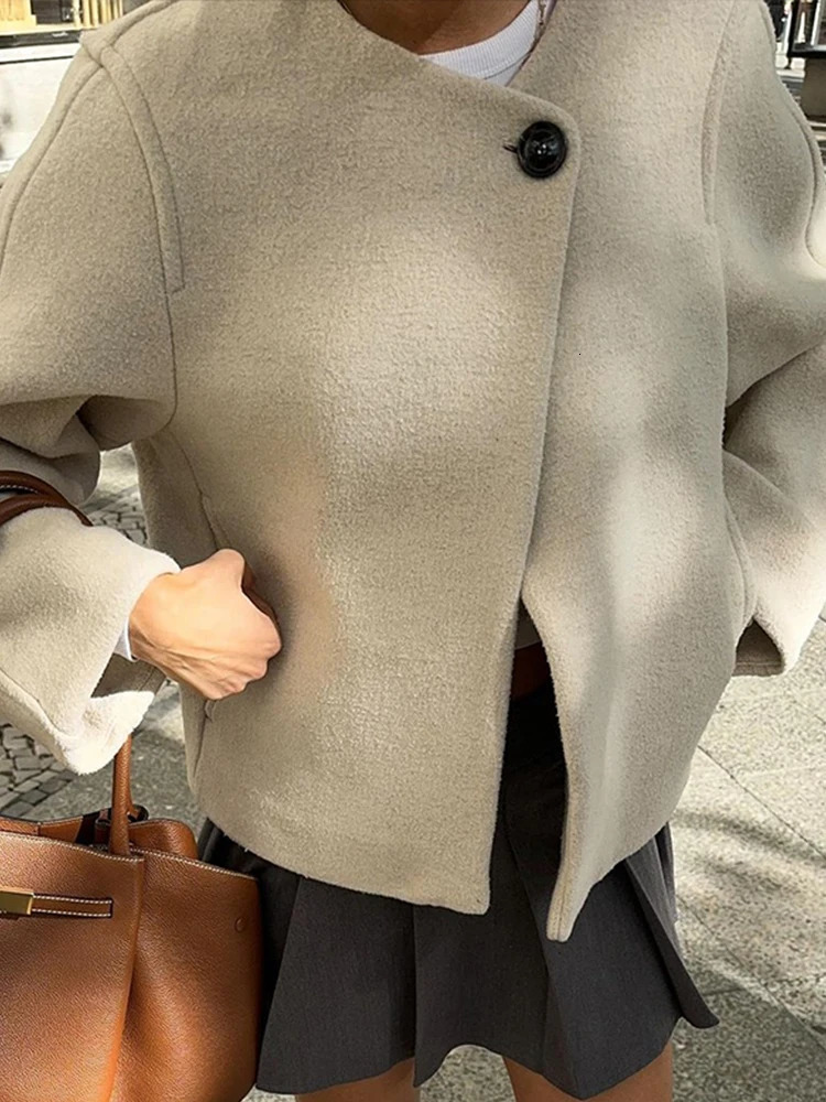 Elegant Solid Wool Mixture Winter Coats Fashion One Button Oneck Warm Lady Jacket 2024 Long Sleeve Allmatch Outwear 241113