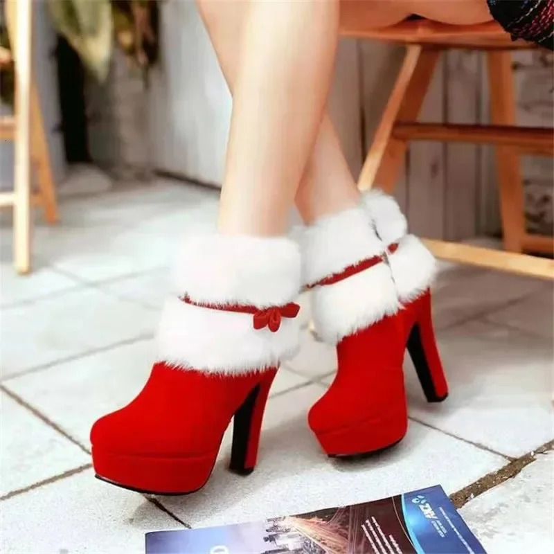 Winter womens ankle boots Christmas high heels platform shoes womens warm fur short boots red and black womens party shoes plus size 241113
