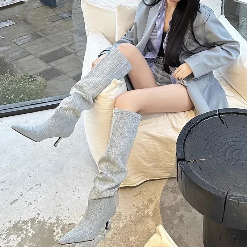Denim Cowboy Boots For Women Fashion Slip On Long Boots Female Square Heel Autumn Winter Boots Shoes 241113
