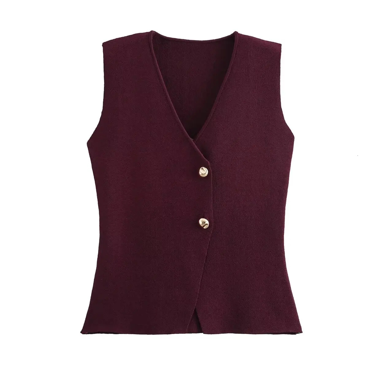 TRAF 2024 Gold Button Knitted Tank Top Fashion Autumn Vest Casual Women Simple Wear 241113