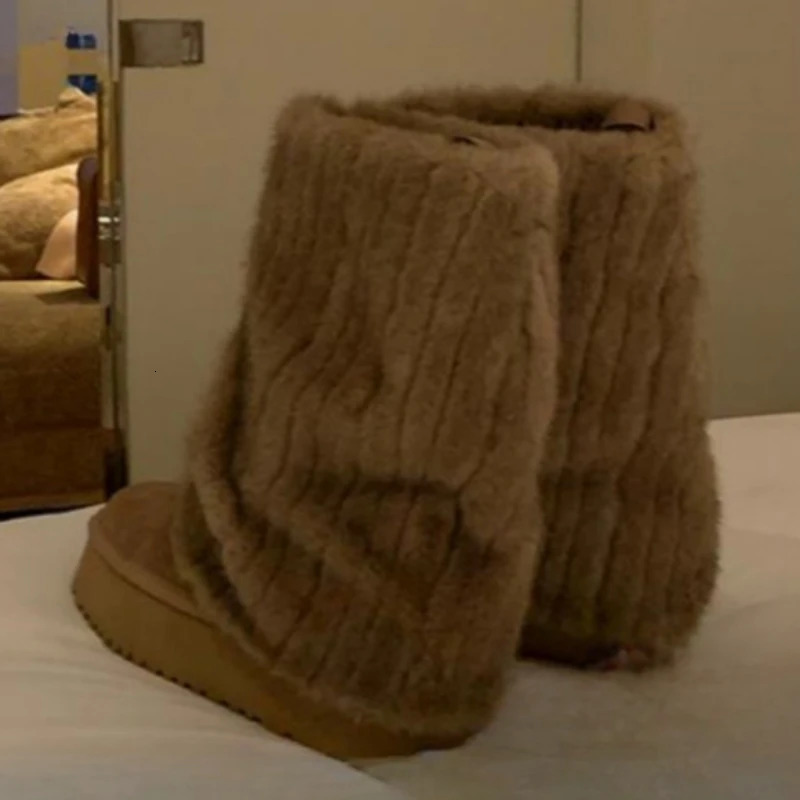 platform cold winter snow boots fashionable long haired small leg boots wedge-shaped womens shoes comfortable and warm winter boots 241113