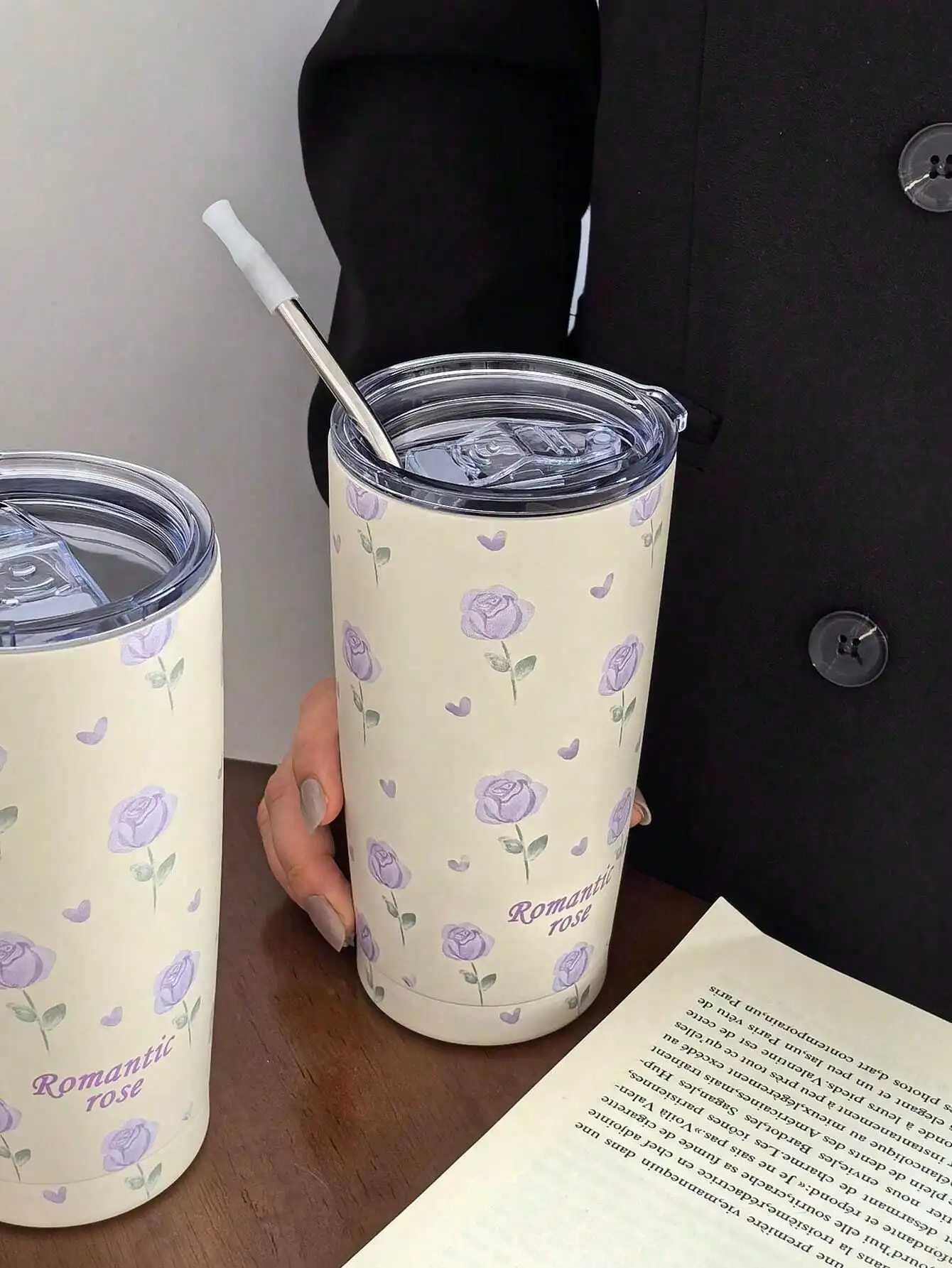 1PC 550ml rose patterned double-layer stainless steel hot cup g coffee cup water bottle travel g Halloween/Christmas/ Y241114