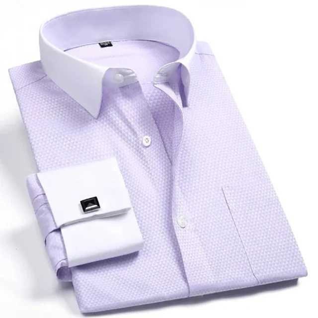 Mens Business Contrast Collar French Cuff Dress Shirts Single Patch Pocket Regular-fit Long Sleeve Social Wedding Party ShirtXJ24113