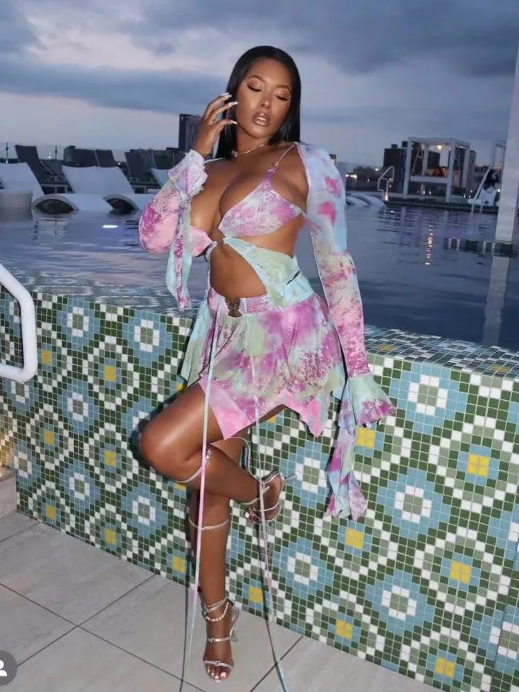 Weird Puss Sweet Women 3 Piece Set Sexy Tie Dye Print Irregular Butterfly CamisoleCrop TopsSkirts Matching Streetwear Outfits 240403Z