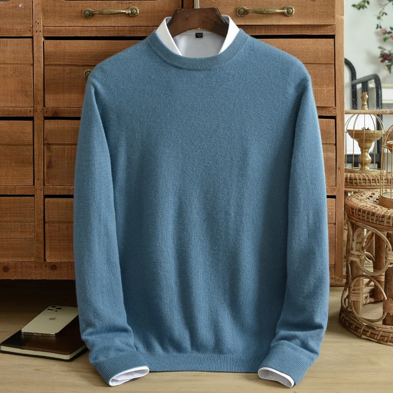 Winter mens round neck cashmere sweater 100% pure cashmere high-end knitted sweater pure color cashmere sweater mens fashionable top 241113