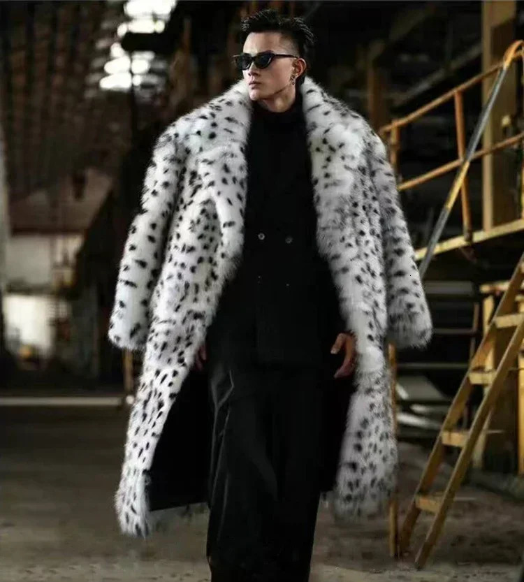 Leopard Mens Winter Thick Hooded Artificial Fox Fur Coat Long Sleeve Warm Fur Black Park Bontjas Fur Hairy Coat 241113