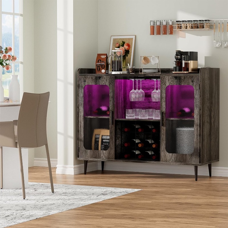 Liquor Cabinet Bar with LED Light - Wine Rack, Coffee Bar, and Storage Shelf for Dining Room