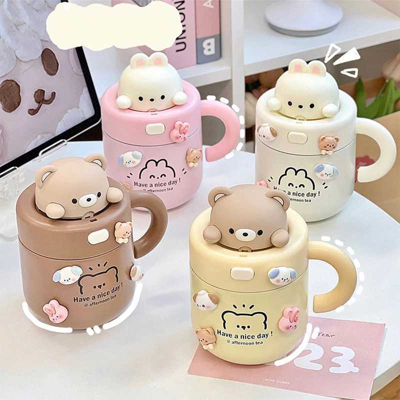 Kawaii Bear Coffee Hot Cup suitable for cold drinks hot drinks hot tea stainless steel cup with straw lid Y241114