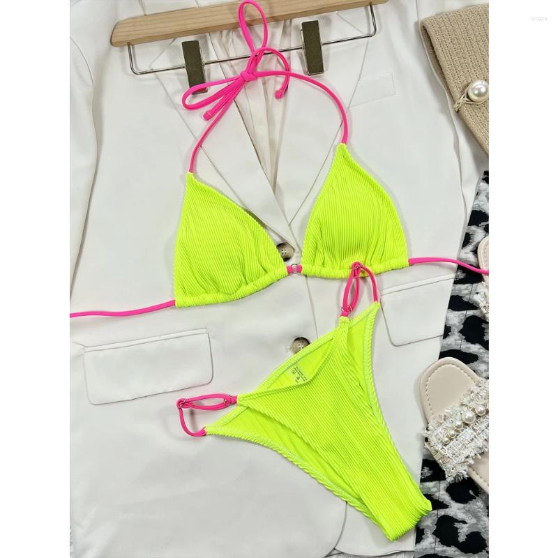 Womens Swimwear Solid Color 2-Piece Swimsuit 2024 Fluorescent Yellow Bikini Set Sexy Low Waist Thong Bathing Suit Suspender Halter