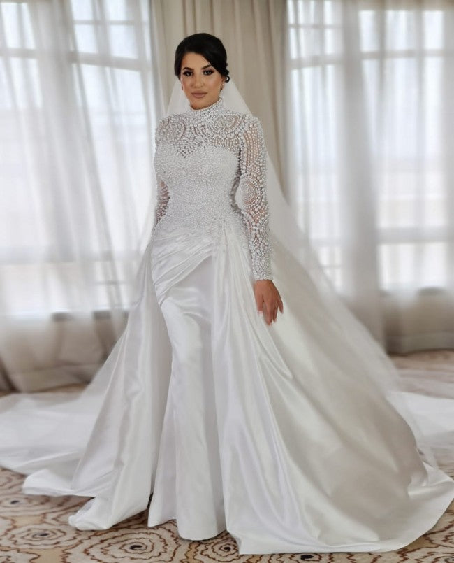Spaghetti Straps Mermaid Wedding Dresses Sweep Train Pearls Lace Applique Beaded Bridal Gowns Robes De Mariee Vestidos 01