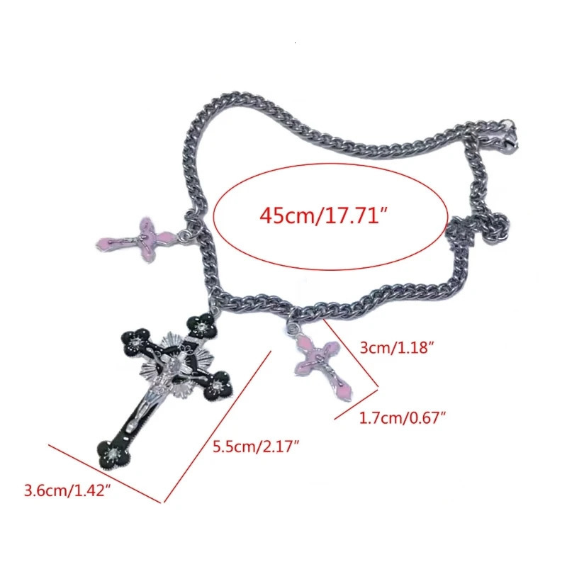 Pink Cross Pendant Necklace Cool Y2K Gothic Jewelry Rainbow-Cross Jesus Crucifix Cross Pendant Chain Necklace for Women 241113