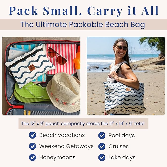 Travel Beach Bag Tote, Lightweight Beach Bag, Packable Beach Bags , Vacation Bag with Zipper, Gifts For Women