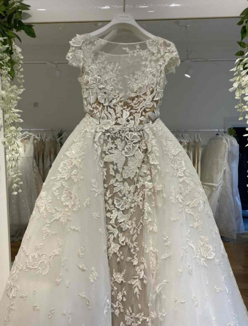 Luxury Crystals Wedding Dresses with Detachable Train Pearls Lace Applique Beaded Bridal Gowns High Neck Modern Robes De Mariee Vestidos 01