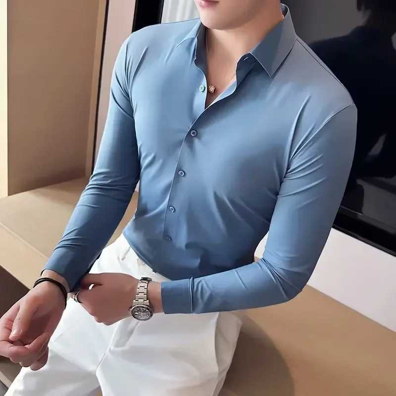 Summer Mens Short Sleeved Shirt Korean Slim Long Sleeved Elastic Business Casual Social Formal Shirt Y2k Elegant Mens ClothingXJ24113
