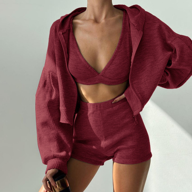 2025 Designer Branded Yoga Top Sweatshorts Hoodie Set Women Sport Suit Knitted Zipper Hooded Cardigan Sweatshirt V-Neck Triangular Cup Chest High