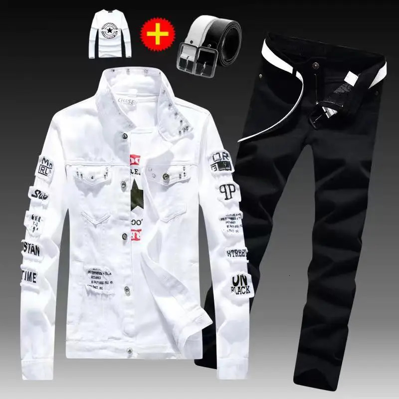 Spring Autumn Mens Denim Jacket Jeans Pants Set Fashion Single Breasted Coat Trousers Two Piece suit 241111