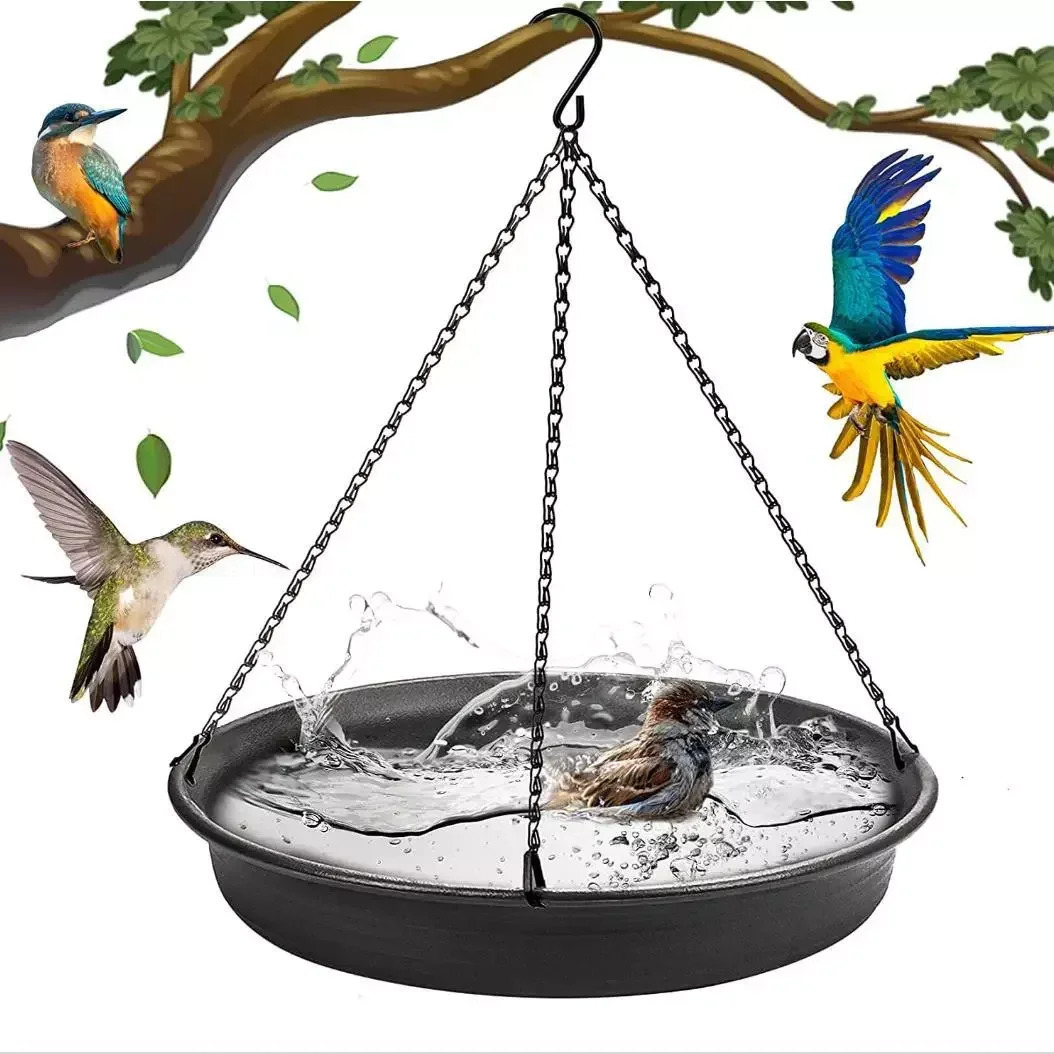 Hanging bird bath feeding tray with fountain outdoor bird drinking tray with hooks and chains garden courtyard 241113
