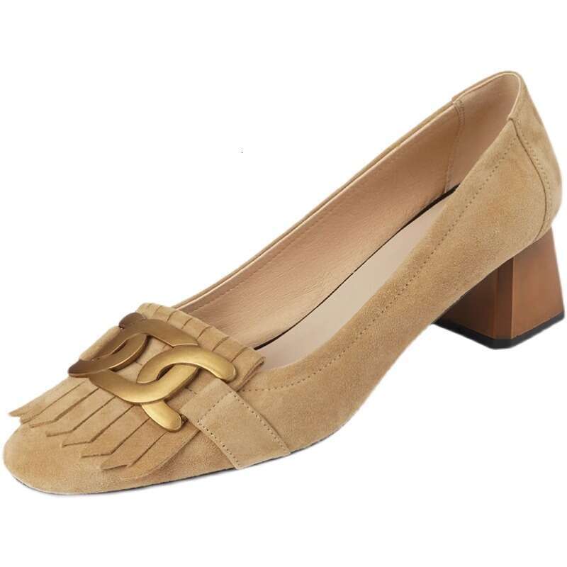 2024 Summer And Autumn New Style Square Head Metal Buckle Tassel Coarse Follow Women's French Mary Jane Small Leather Shoes Trendy