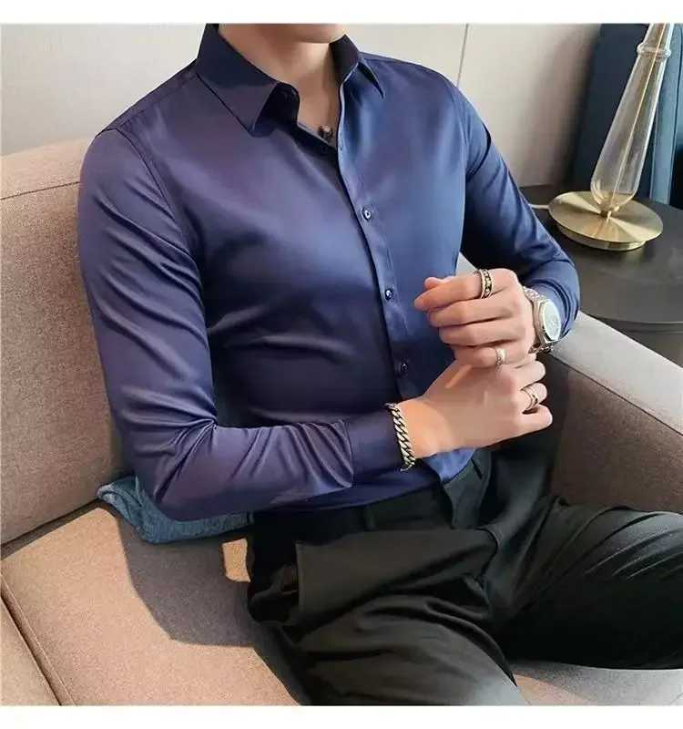 Summer Mens Short Sleeved Shirt Korean Slim Long Sleeved Elastic Business Casual Social Formal Shirt Y2k Elegant Mens ClothingXJ24113