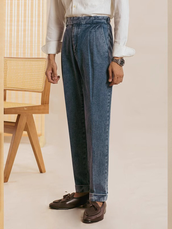 Men's Naples denim pants, English style double pleated waist button pants, business casual retro denim pants, street wear, gentlemen