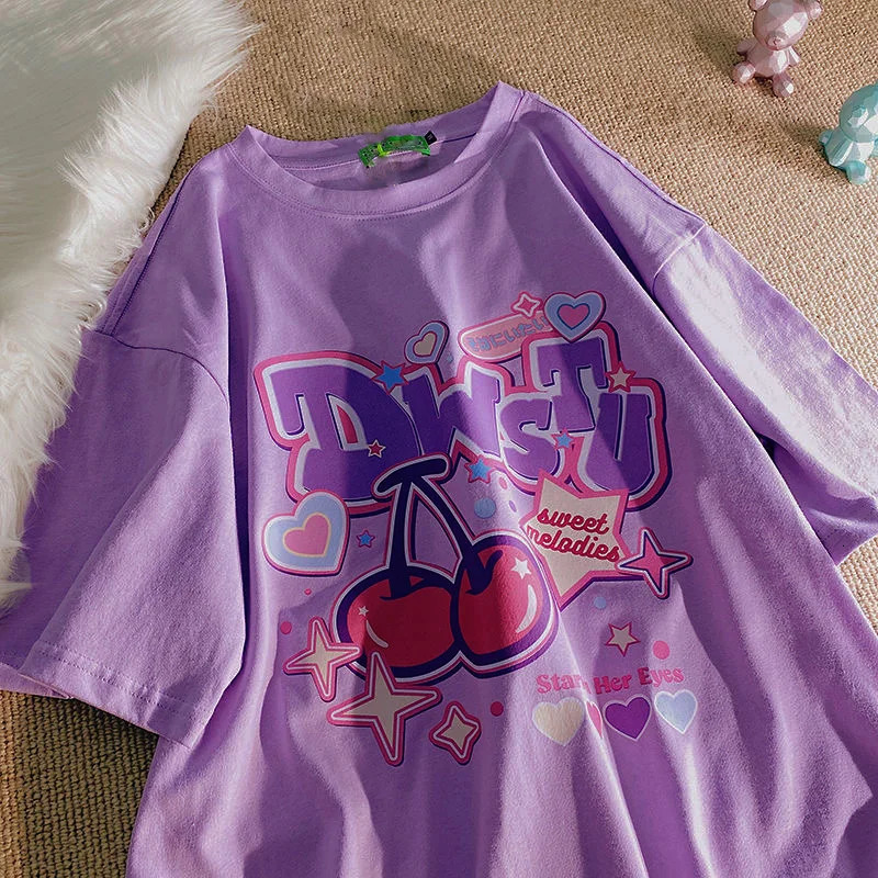 Fruit Print Women T shirt 100 Cotton Summer Harajuku Y2K Tshirt Girls Kawaii Loose Short Sleeve Top Cute Oversized Tee Plus Size 240409