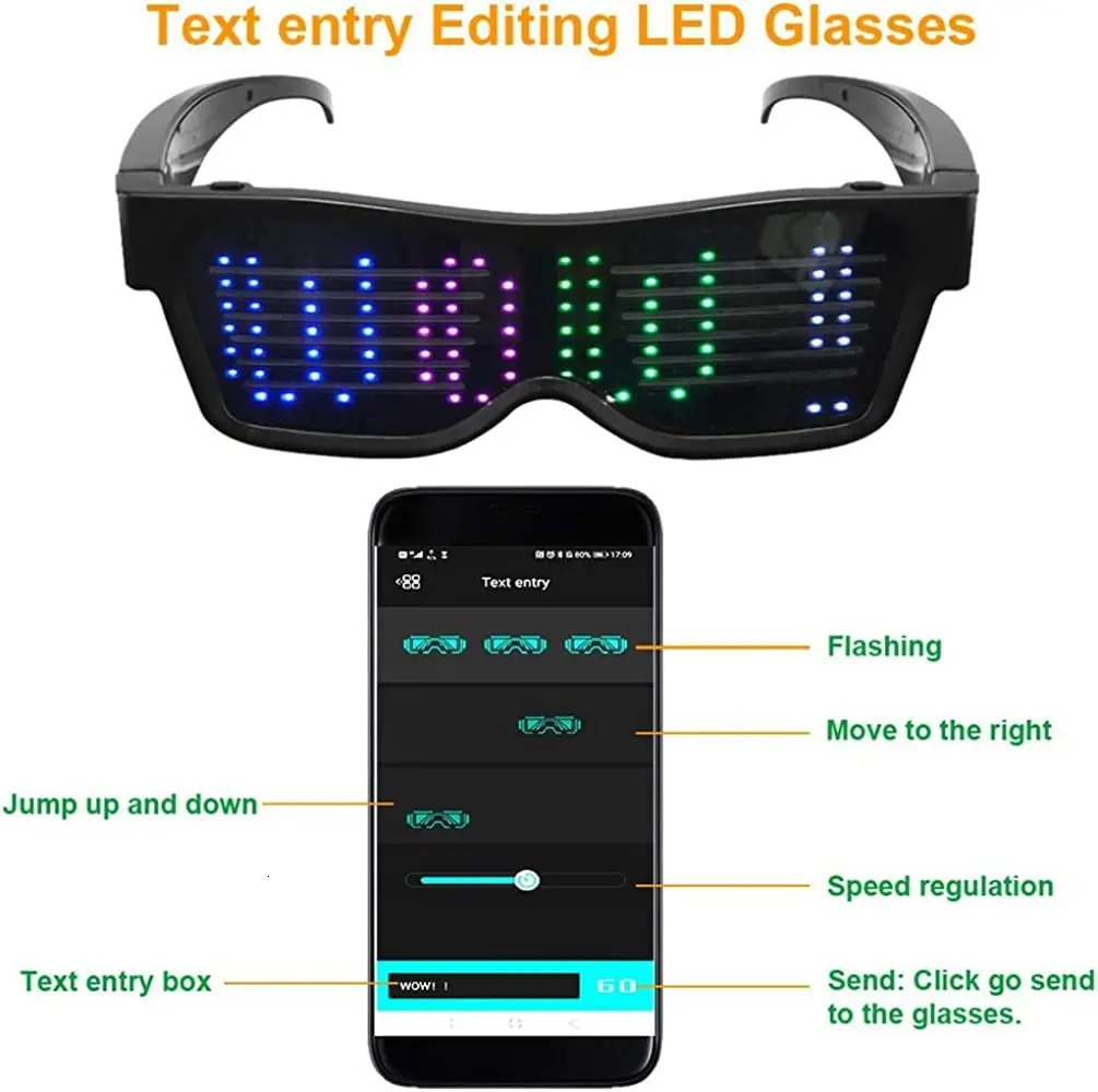 Bluetooth Party Magic Flash Raves LED Glasses Multi language Programmable Text Animation Lights Up Glasses USB Charging241114