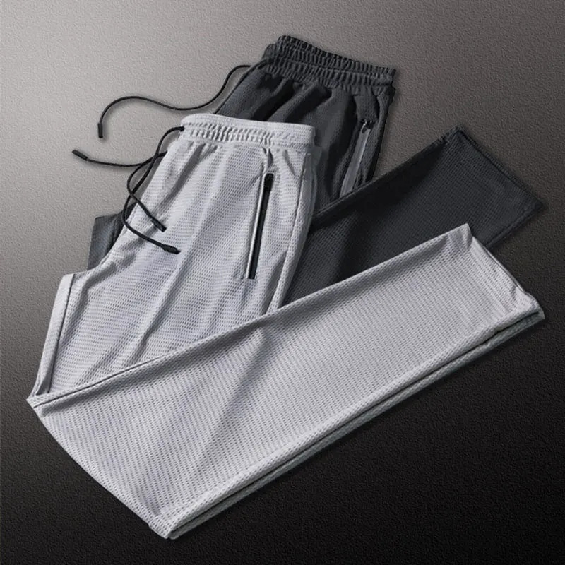Mesh Summer Ice Silk Sweatpants Mens Loose Breathable Pants Belted Trousers And Straightleg Solid Cool Sweatpant 240412