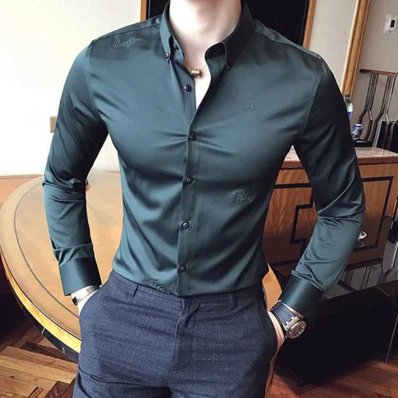 Plain Long Sleeve Shirts and Blouses for Men Business Silk Summer Button Man Tops Fashion 2024 Social High Quality Clothing S IXJ24113