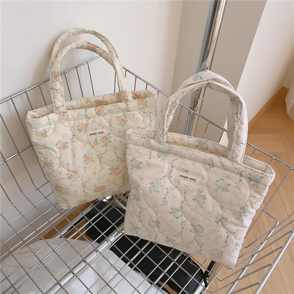 Winter Cute Tote Bag for Women Floral Handbag Trendy Chic Puffy Top Handle Bag Quilted Padded Shoulder Bag er Shopper Bag 241114