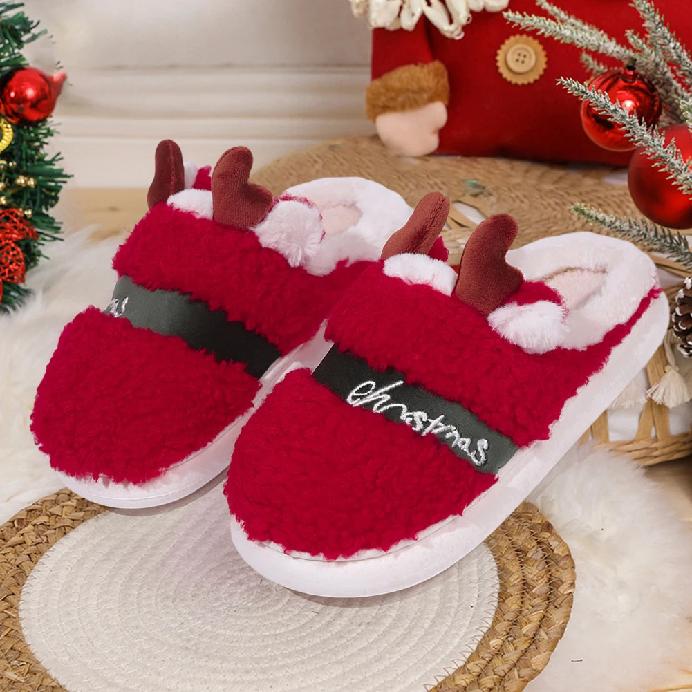 Womens Christmas Elk House Slippers Thick Bottom Warm Fluffy Slippers Comfortable Home Cotton Shoes 241113