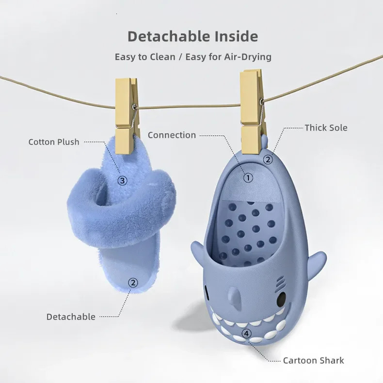Men Women Shark Slippers Detachable EVA Waterproof Warm Cotton Plush Home Slippers Winter Indoor Fluffy Slides Non Slip Shoes 241114
