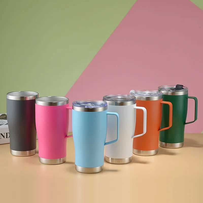 304 stainless steel hot water bottle vacuum double wall handle cup simple solid color coffee cup with lid 20oz water bottle Y241114
