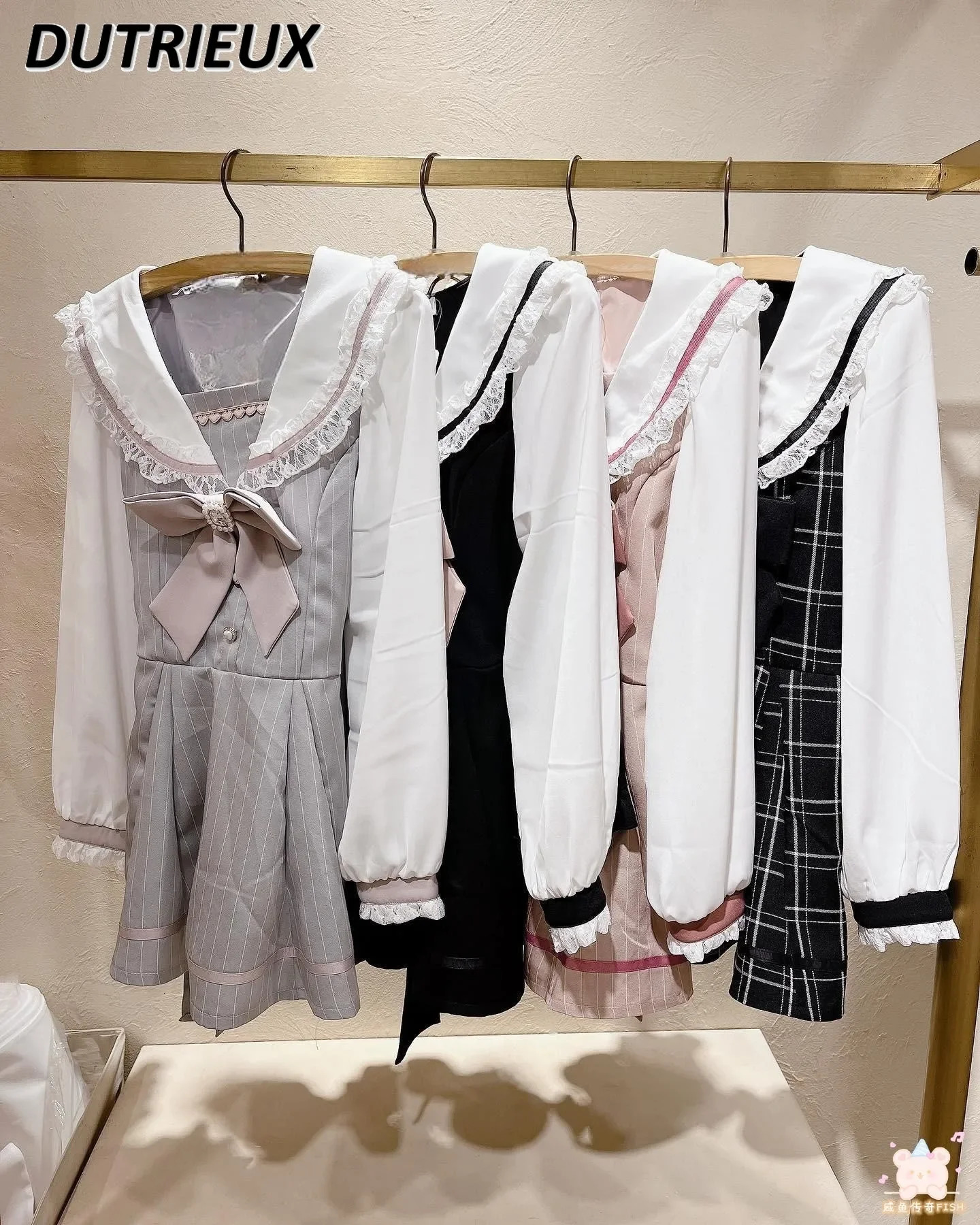 Japanese Style Womens Outfits Sailor Collar Plaid Bow Dress Shorts Set Sweet Lolita Mine Series TwoPiece Suit 240402