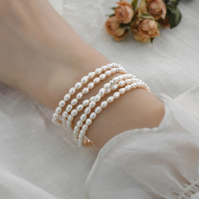 ASHIQI Real Natural Freshwater Rice Pearl Bracelet 925 Silver Bead Elastic Rope Jewelry 241113