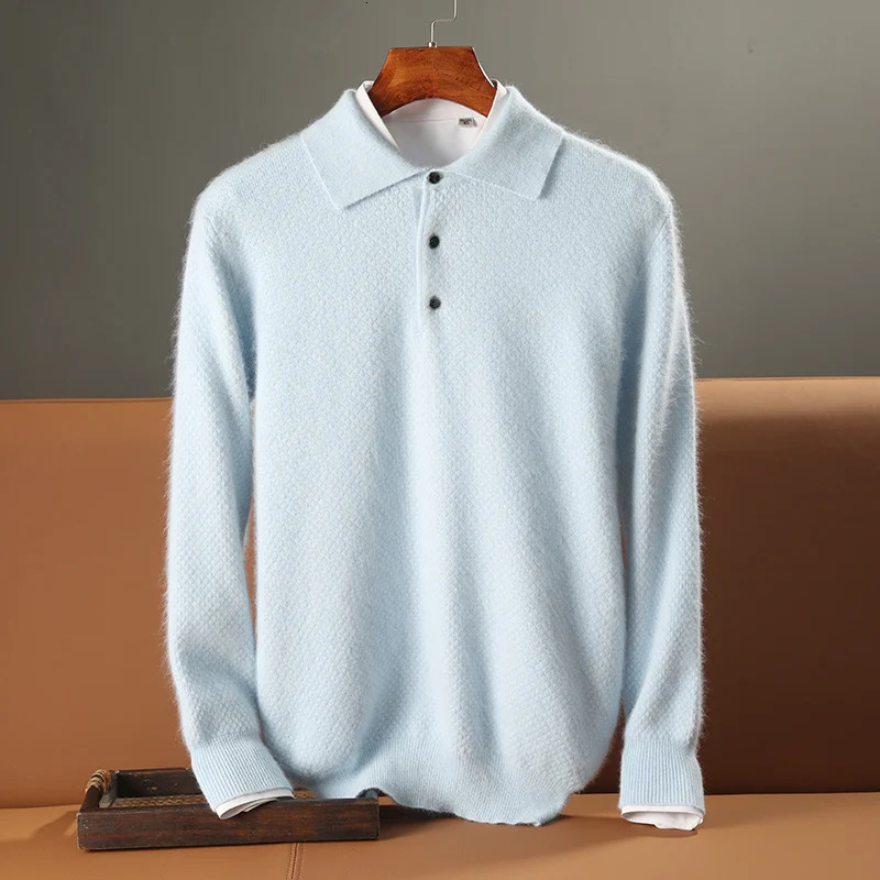 Autumn and winter 100% mink cashmere sweater mens knitted polo neck casual business thick warm long sleeved 241108