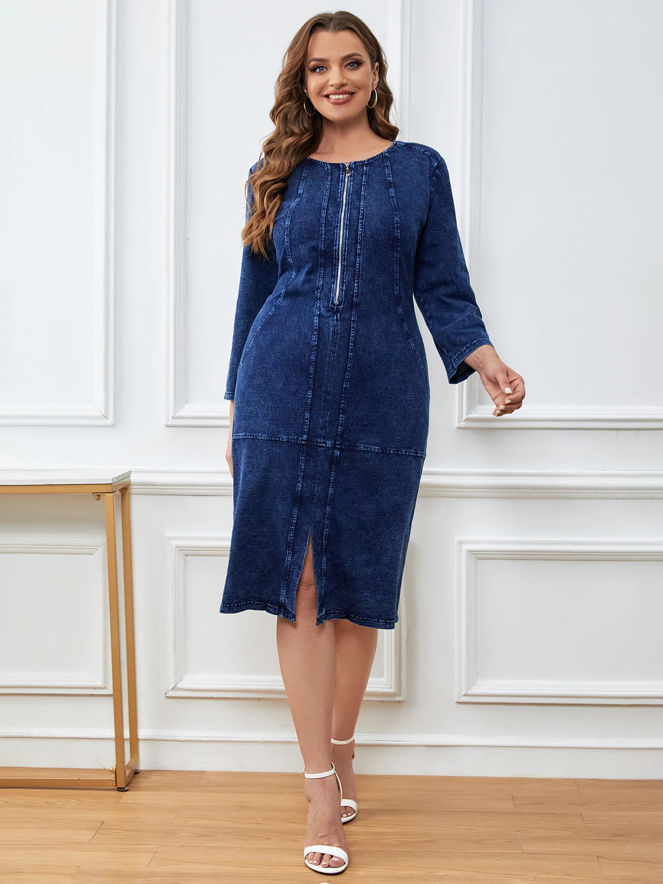 LIH HUA Womens Plus Size Denim Dress Autumn Chic Elegant Dresses For Chubby Women Cotton Knitted Dress 240407
