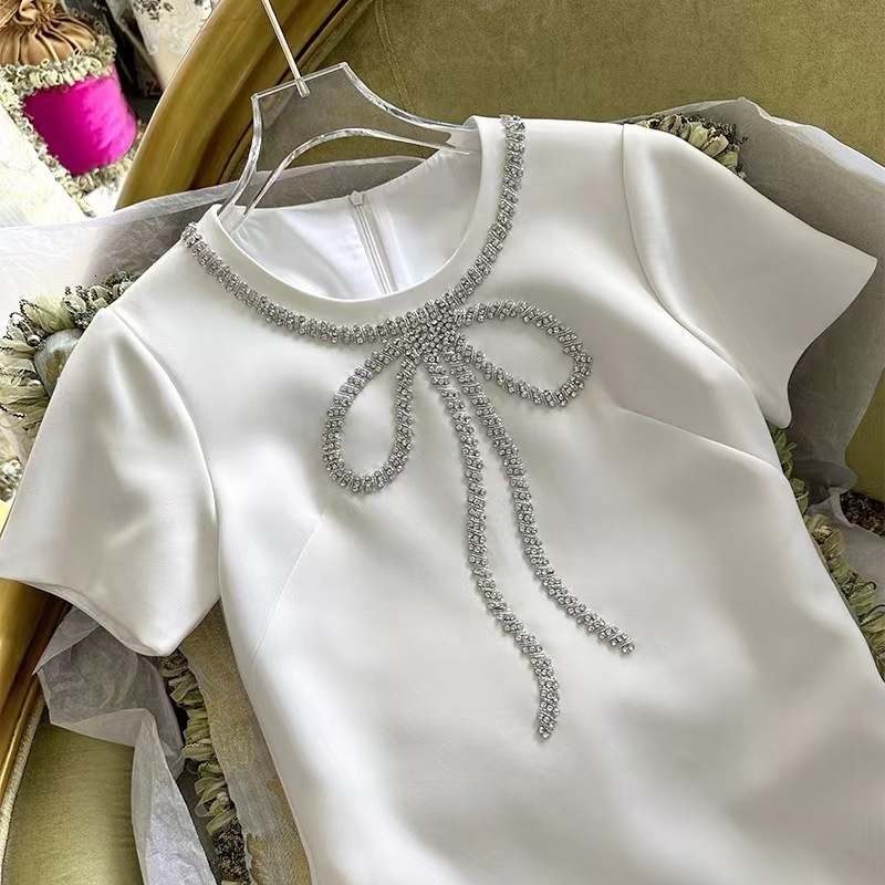 Runway Fashion Summer Crystal Bowknot Prom Party Mini Dress New High Quality Women O Neck Short Sleeve Slim White A E Clothes