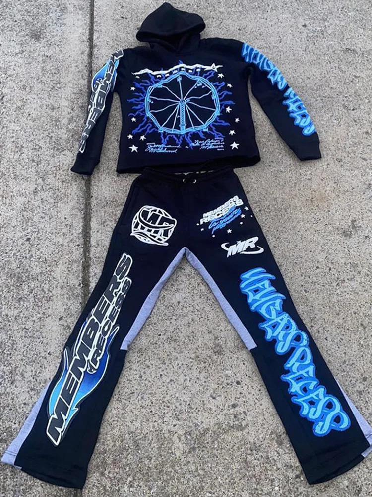 Mens Printed Hoodie Bell Pants Suit Twopiece Y2k Street Sports Hooded Sweatshirt Straight Trousers Fashion Tracksuits 241111