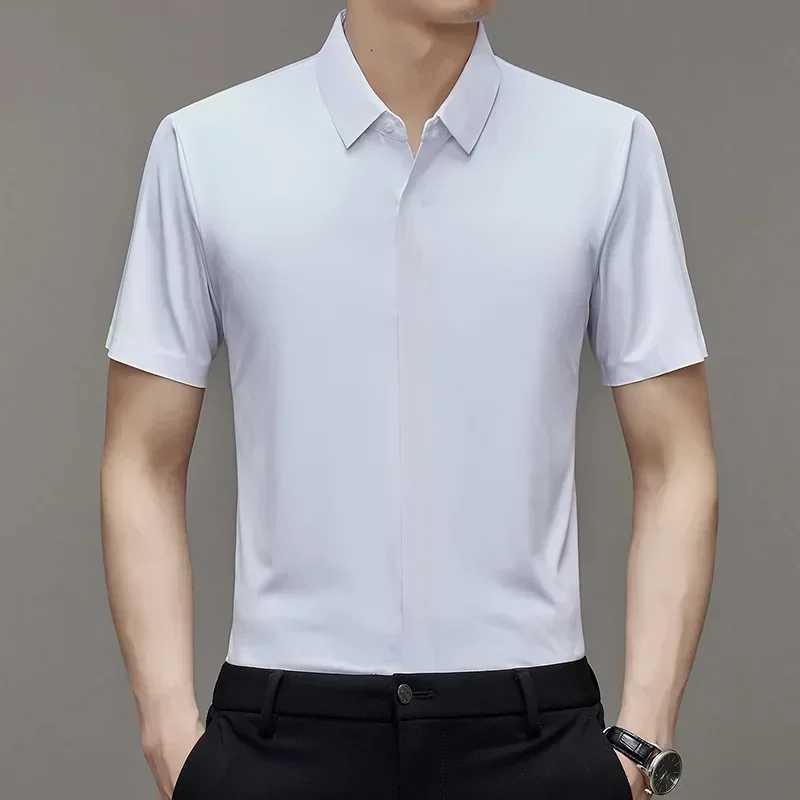 High end Mulberry Silk Dress Shirts Business Men Wrinkle Resistant Button Invisible Elastic Tops Luxurious Male Quality ClothingXJ24113