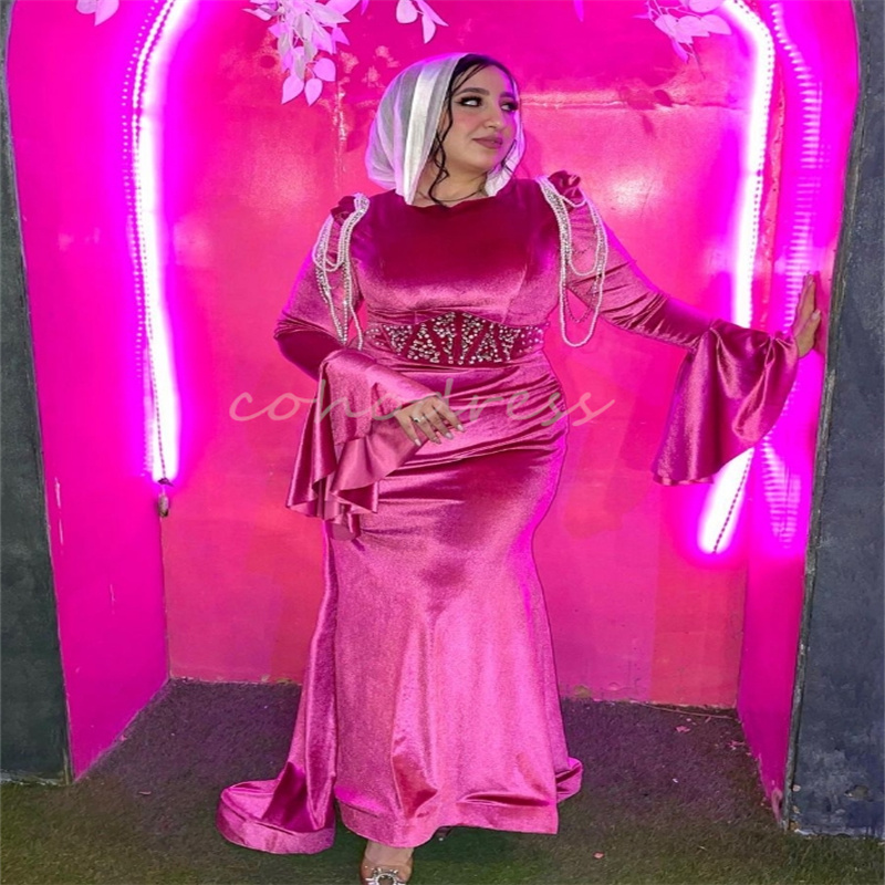Hot Pink Arabian Evening Dress Plus Size Memaid Prom Dresses Muslim Long Sleeve Engagement Reception Formal Party Moroccan Robe De Soiree 2025