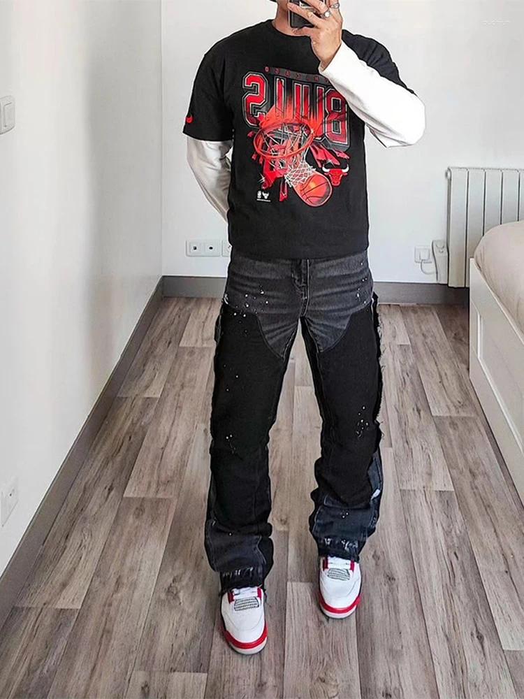 2025 S Fashion Designer Men S Jeans Fashion Cargo American Retro High Waist Tie Dye Patchwork Work Denim Pants Straight Layered Flared Trousers